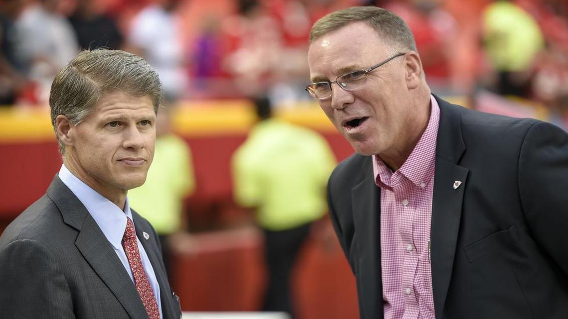 Kansas City Chiefs chairman and CEO Clark Hunt, left, spoke with former general manager John Dorsey, prior to a preseason game against the Tennessee Titans on August 28, 2015, at Arrowhead Stadium in Kansas City, Mo.