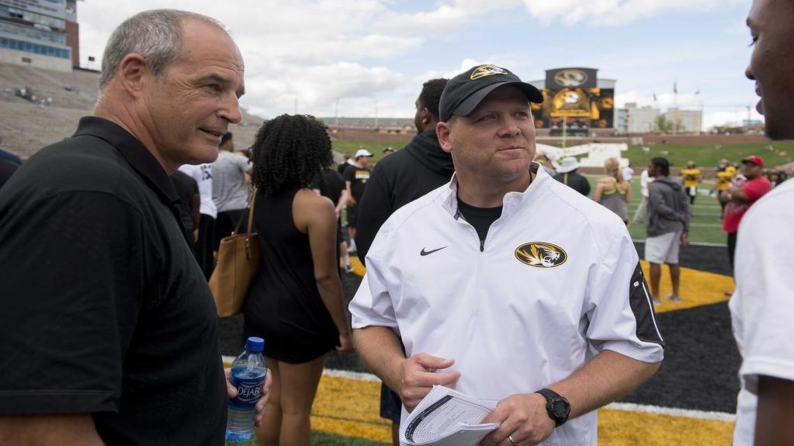 Former Missouri football coach Gary Pinkel (left) and current coach Barry Odom talked with a recruit in Columbia earlier this year. Pinkel retired as head coach last fall after being diagnosed with non-Hodgkin lymphoma.