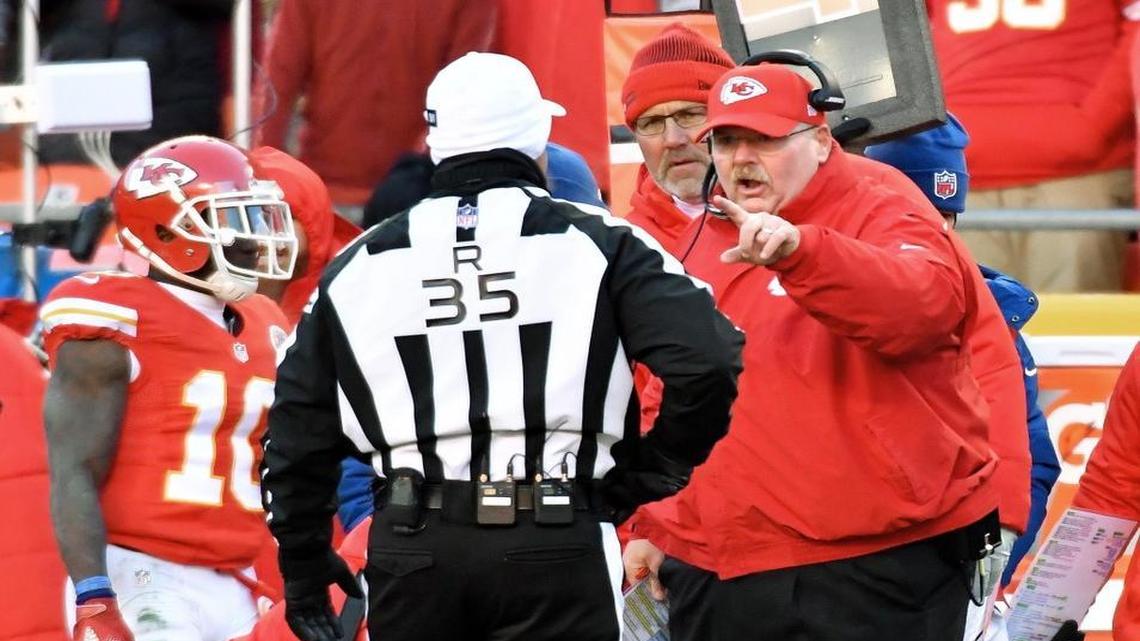Chiefs coach Andy Reid tries to argue that the whistle blew early on a carry by running back Spencer Ware during Sunday’s game against the Titans at Arrowhead Stadium.