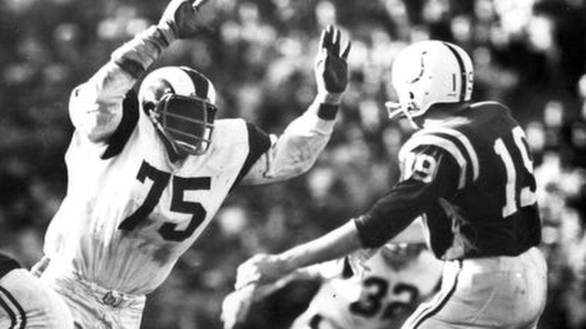 
Once Rams Hall of Fame defensive end Deacon Jones got past a lineman with his patented head-slap, he headed straight for quarterbacks such as Colts Hall of Famer Johnny Unitas. 
