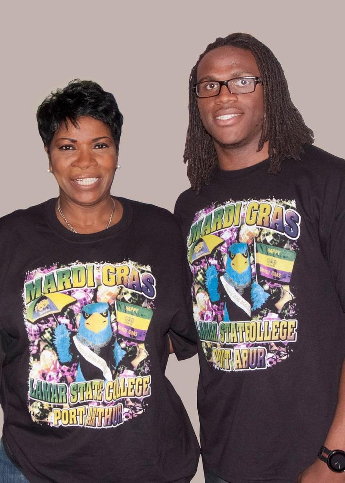 Jamaal Charles and his Aunt Arlene, with whom he spent much of his childhood in Port Arthur, show off their matching Mardi Gras shirts.