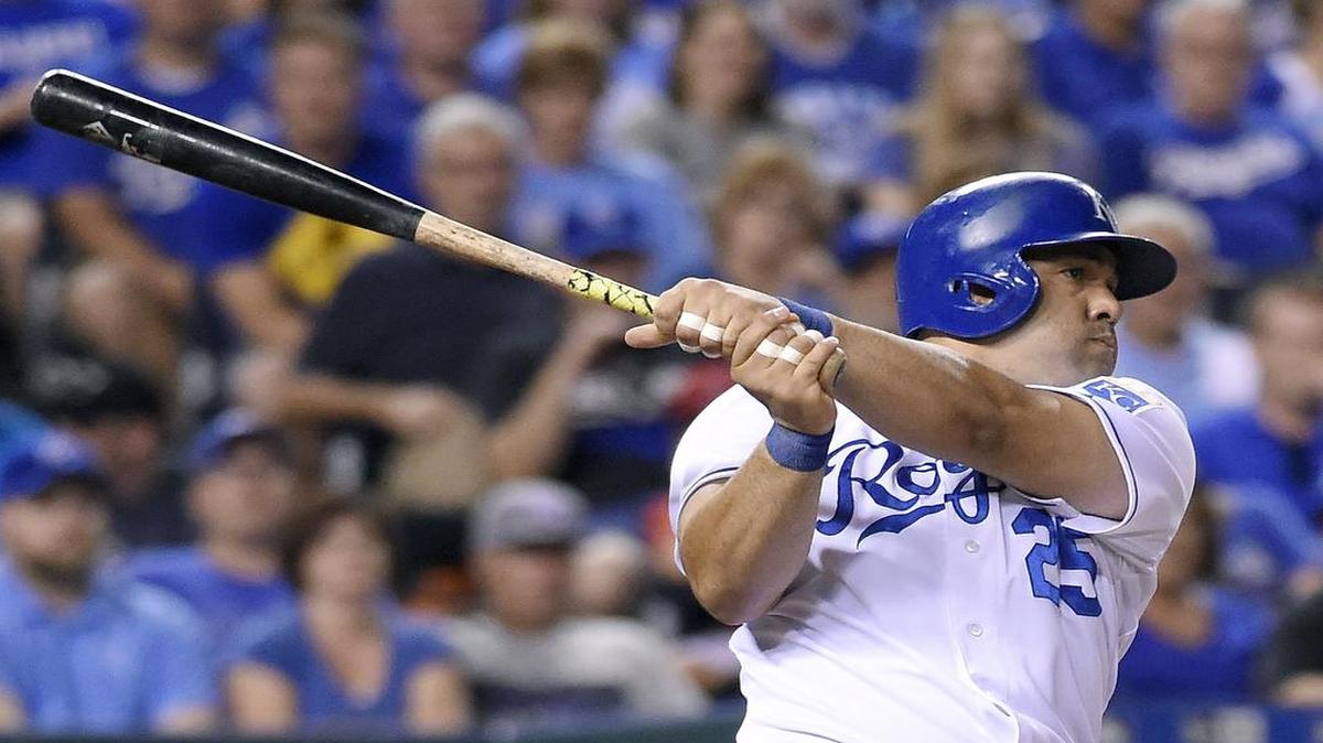 
Royals designated hitter Kendrys Morales follows through on an RBI double to score Eric Hosmer in the seventh inning of Thursday's baseball game against the Angels at Kauffman Stadium.
