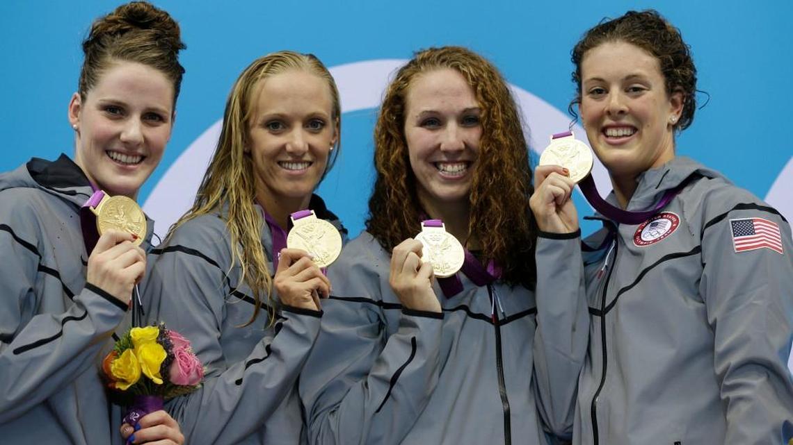Missy Franklin (from left), Dana Vollmer, Shannon Vreeland and Allison Schmitt posed with their gold medals for the women’s 4x200-meter freestyle relay swimming final during the 2012 Olympics in London.
