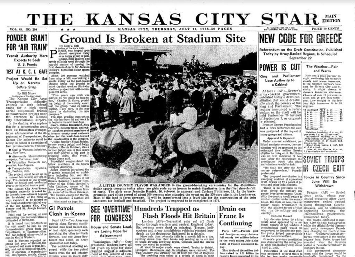 A July 1968 cover of The Kansas City Star spotlighted groundbreaking for the two stadiums at the Truman Sports Complex.