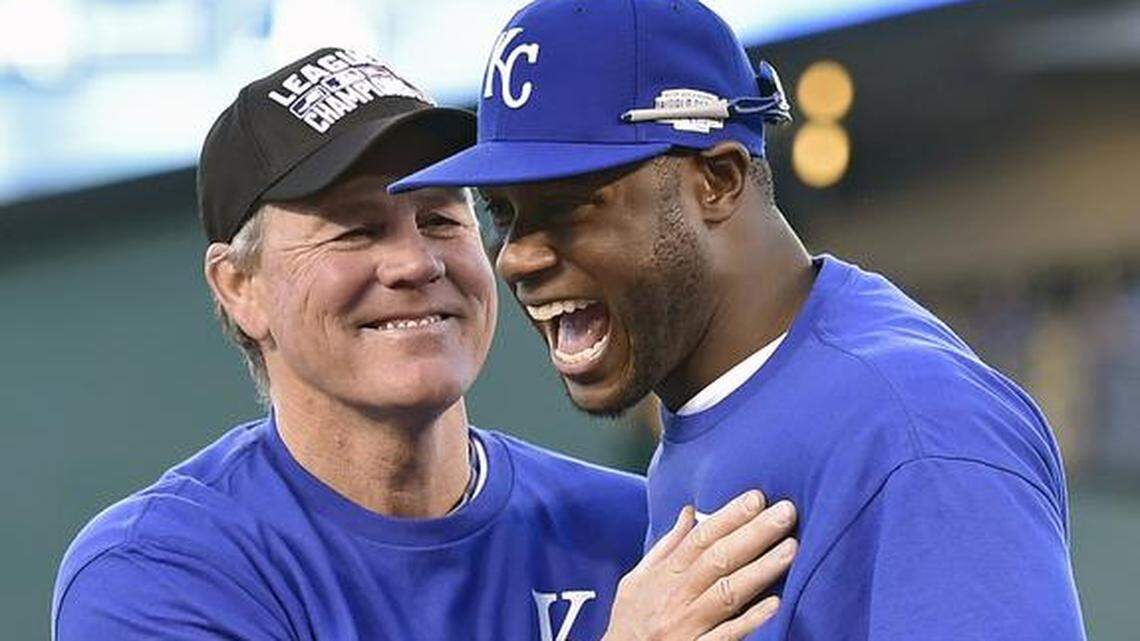 Royals manager Ned Yost congratulated Lorenzo Cain after Cain was announced as the ALCS MVP following Wednesday’s victory at Kauffman Stadium.