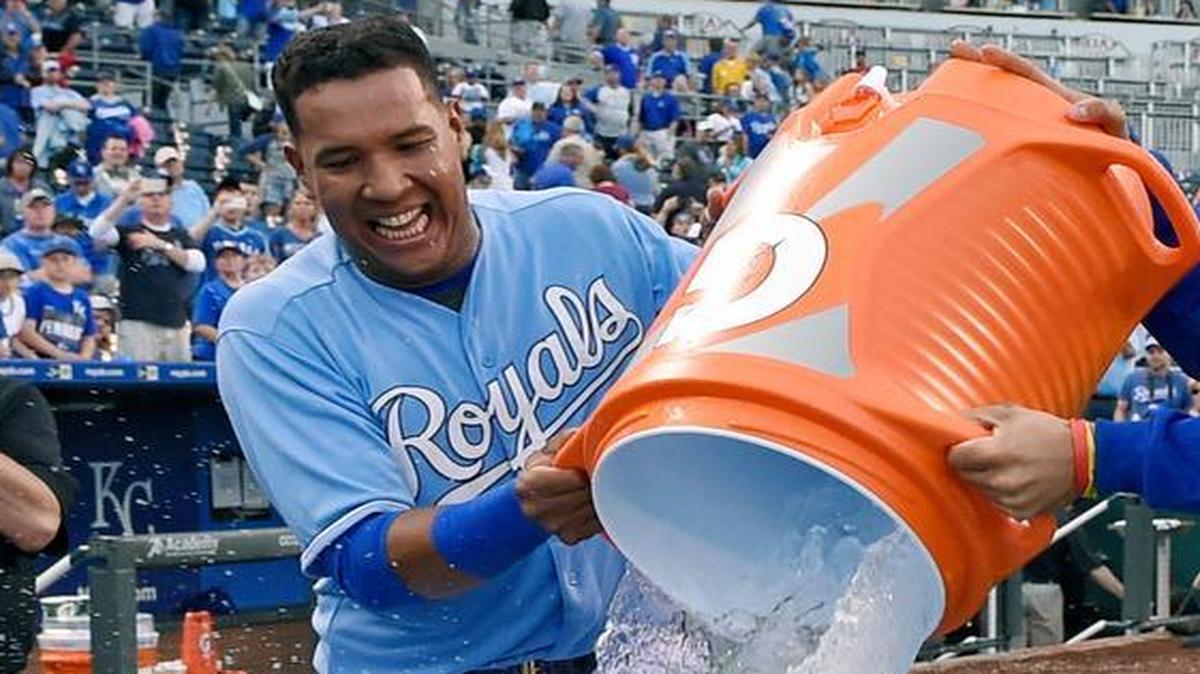 
If there’s a postgame icewater bath to be given, you can be sure that jovial Royals catcher Salvador Perez is involved. Here, he drops a chilly surprise on closer Greg Holland.
