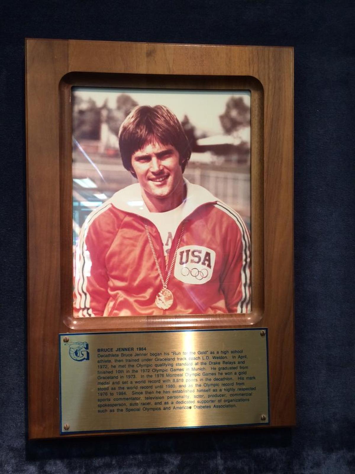 A plaque commemorating Bruce Jenner’s 1984 induction into the Graceland University athletic hall of fame. Jenner recently changed her name to Caitlyn and announced she is a transgender woman.