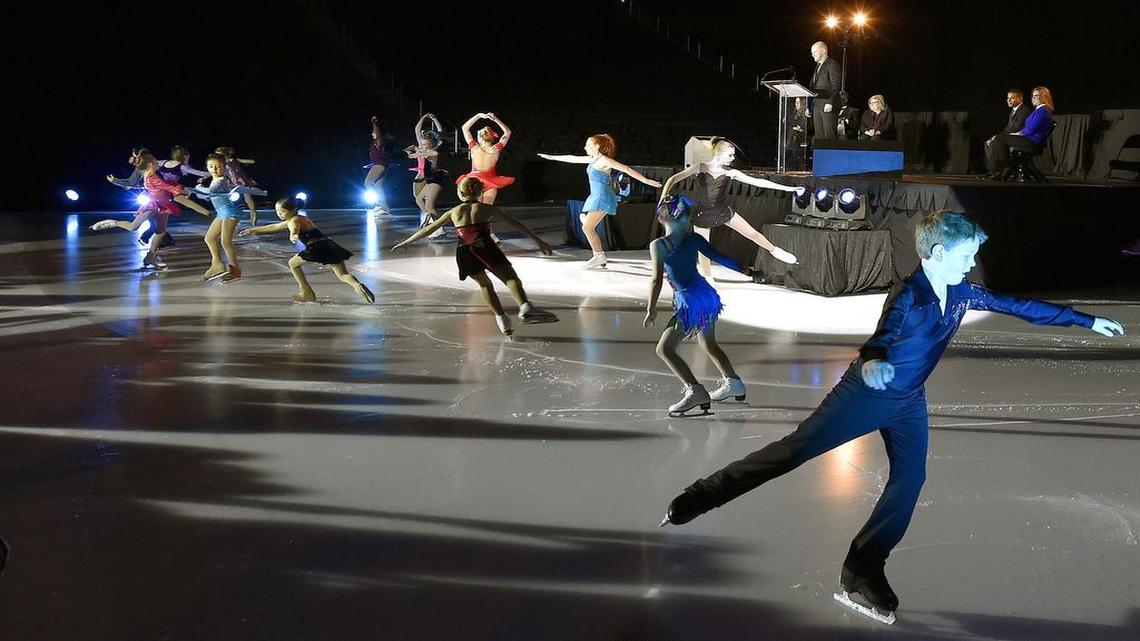 The Sprint Center was the scene of celebratory skating Wednesday by some local skaters, but come January 2017 the whole world will be watching the skating action there. Area native and American pair skater John Coughlin watched from the podium.