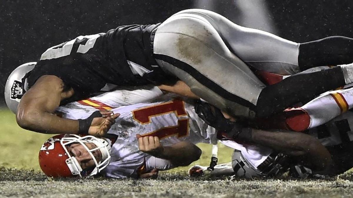 
Playing the Chiefs on Thursday night, Nov. 14, 2014, in Oakland, the Raiders seized a 24-20 victory that triggered a three-game Kansas City losing streak that became the pivot point in their failure to reach the playoffs. 
