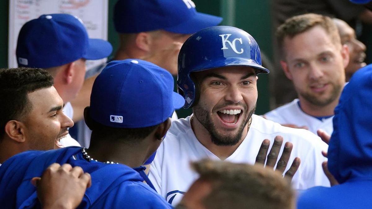 
Royals first baseman Eric Hosmer (center) celebrated his three-run home run during the first inning of a 5-3 victory over the Cleveland Indians on May 5 at Kauffman Stadium. The victory helped the Royals post a 14-12 record this May.
