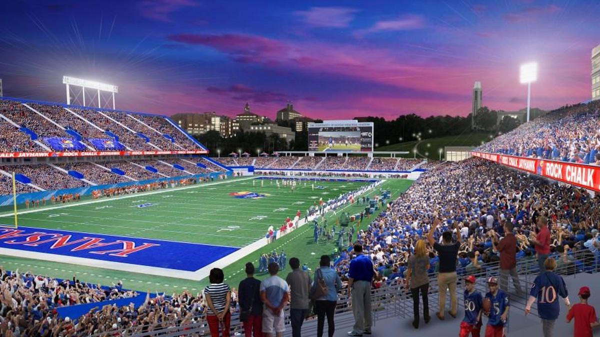 A view to the Hill at twilight shows a different feel of the for-now conceptual remodel of Memorial Stadium.