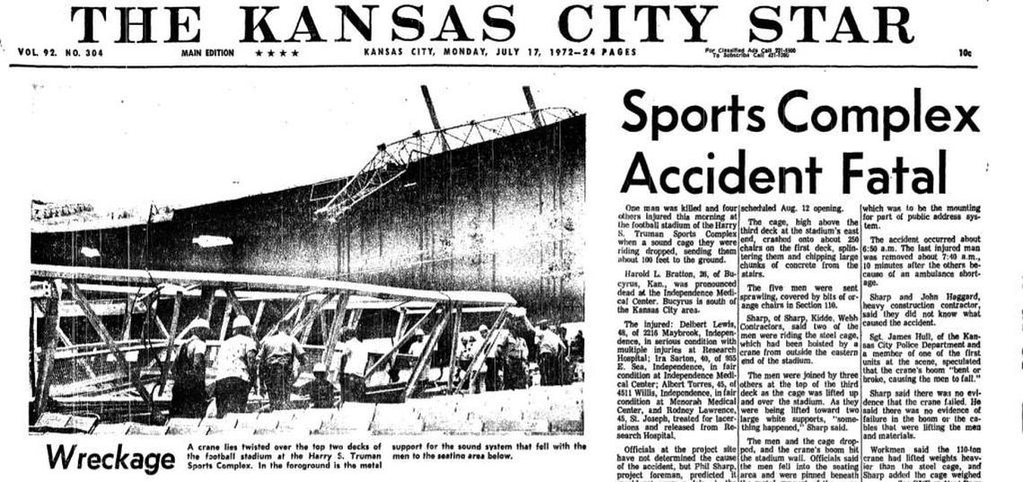 The cover of The Kansas City Star on July 17, 1972 proclaimed the loss of life and injuries that occured when a crane tumbled into the stadium during the latter stages of construction at Arrowhead.
