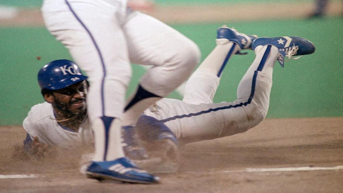 
The Royals’ Darryl Motley dived back to third base after a rundown between third and home in the second inning of game one of the 1985 World Series on Oct. 19, 1985, in Kansas City. 
