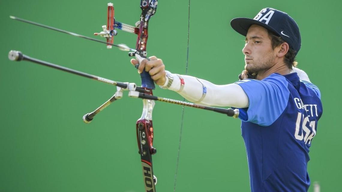 U.S. archer Zach Garrett of Wellington, Mo., shot an arrow during the men's archery competition inside the Sambodromo Stadium at the 2016 Summer Olympics Games in Rio de Janeiro, Brazil. Garrett and teammates Brady Ellison and Jake Kaminski won the silver medal on Saturday.