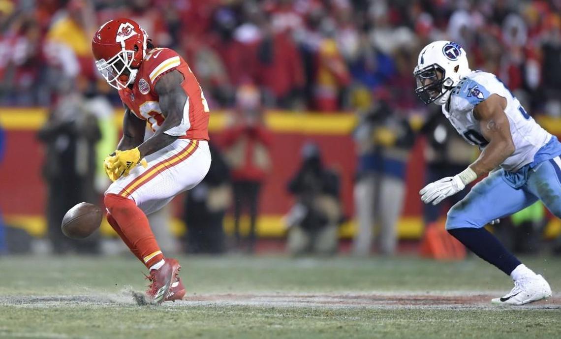 Mishaps in the postseason? This bobbled catch by receiver Tyreek Hill wasn’t a deal-breaker against Tennessee, but the Chiefs have seen more than their share of bad luck once the playoffs roll around.