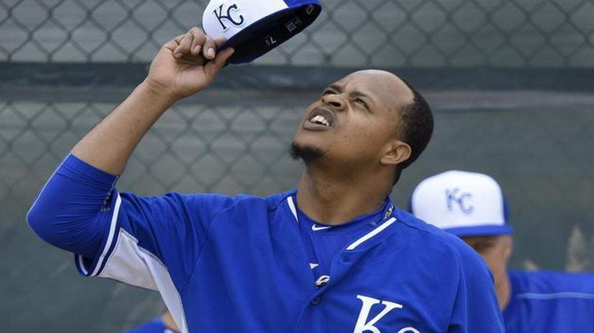 
Kansas City Royals pitcher Edinson Volquez checked the weather as he warmed up at spring training earlier this month.
