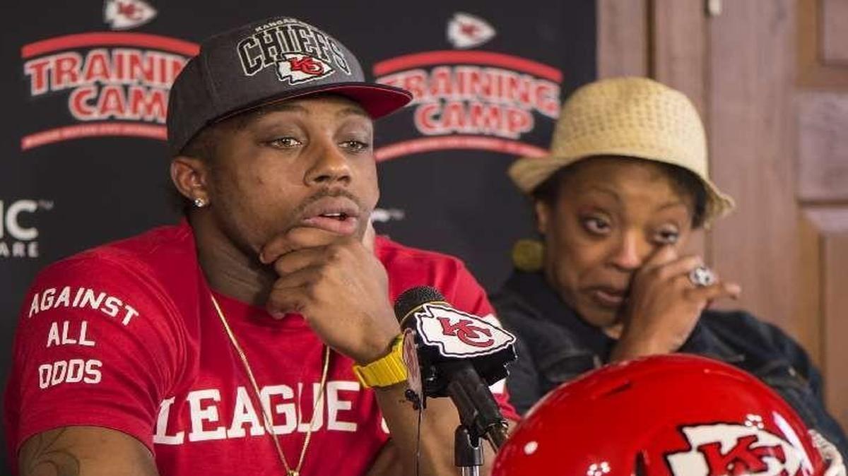 Carol Berry (right) was emotional when her son, Chiefs safety Eric Berry, had a press conference when he returned to the team at training camp this year after being treated for Hodgkin lymphoma.