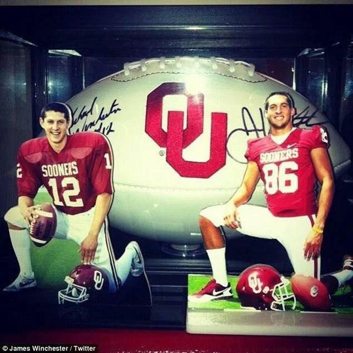 Chiefs long snapper James Winchester, right, followed in the footsteps of his dad, Mike (at left), and played football at Oklahoma. The younger Winchester’s father was murdered nearly a year ago in Oklahoma City.