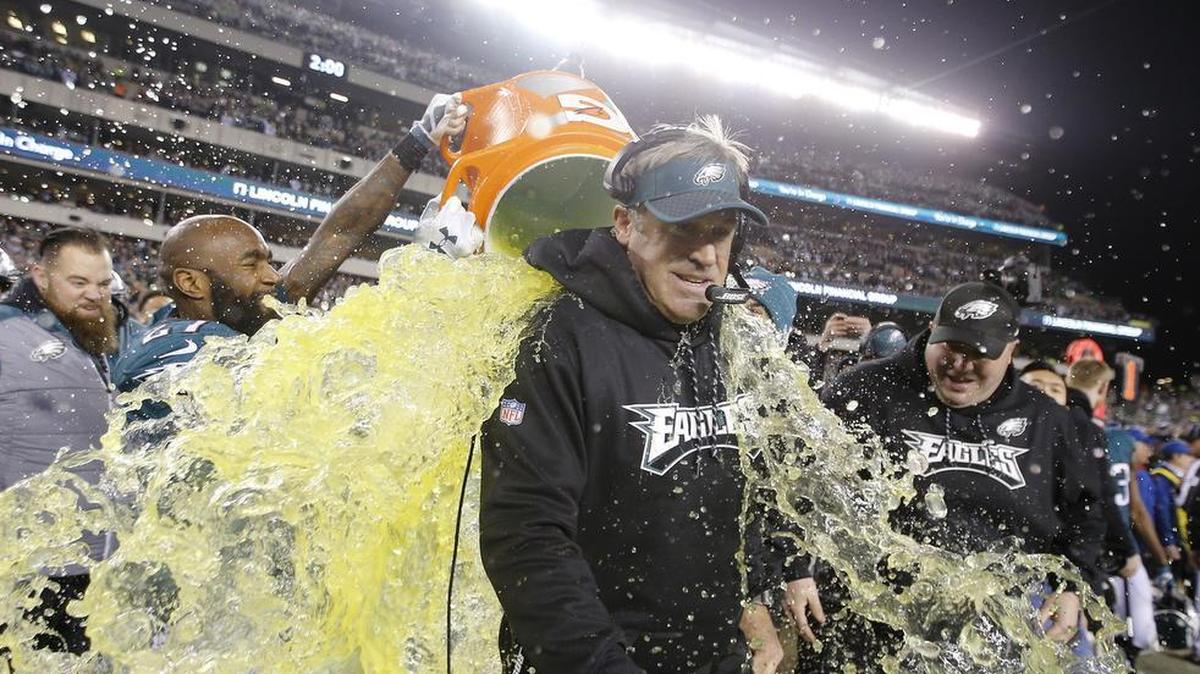 Eagles coach Doug Pederson received a Gatorade shower when his team beat the Vikings in the NFC Championship Game on Sunday in Philadelphia.