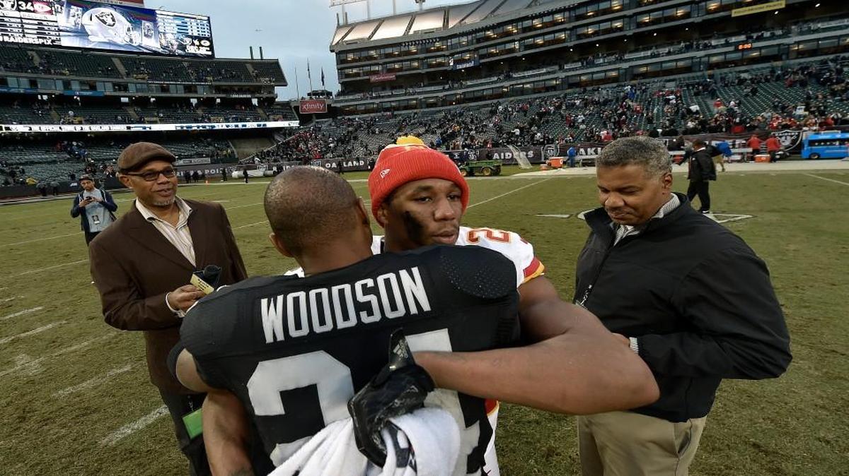 Chiefs cornerback Marcus Peters hugged one of his childhood idols, Oakland Raiders safety Charles Woodson, on Sunday.