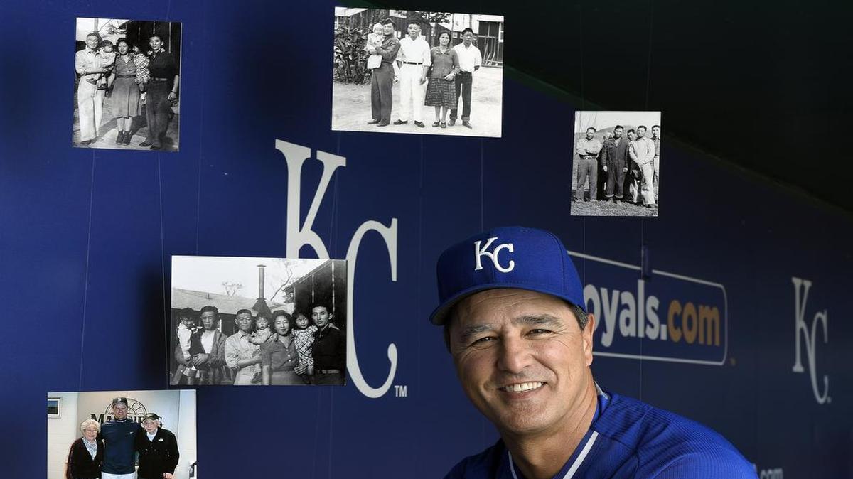 
Kansas City Royals bench coach Don Wakamatsu with photos of his grandparents, who were held in a Japanese-American internment camp during World War II, and other relatives. Wakamatsu’s father was born inside one of the camps.
