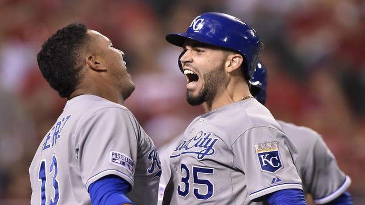  Royals first baseman Eric Hosmer (35) celebrated with Salvador Perez (13) after hitting a two-run homer in the 11th inning of Friday's ALDS game, lifting Kansas City to a 4-victory over the Angels in Anaheim, Calif.