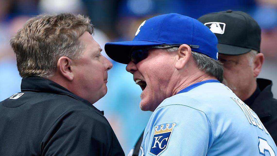 
Royals manager Ned Yost argued with home plate umpire Greg Gibson after being ejected in the first inning Sunday at Kauffman Stadium. The Royals’ Lorenzo Cain was hit by a pitch in the inning.
