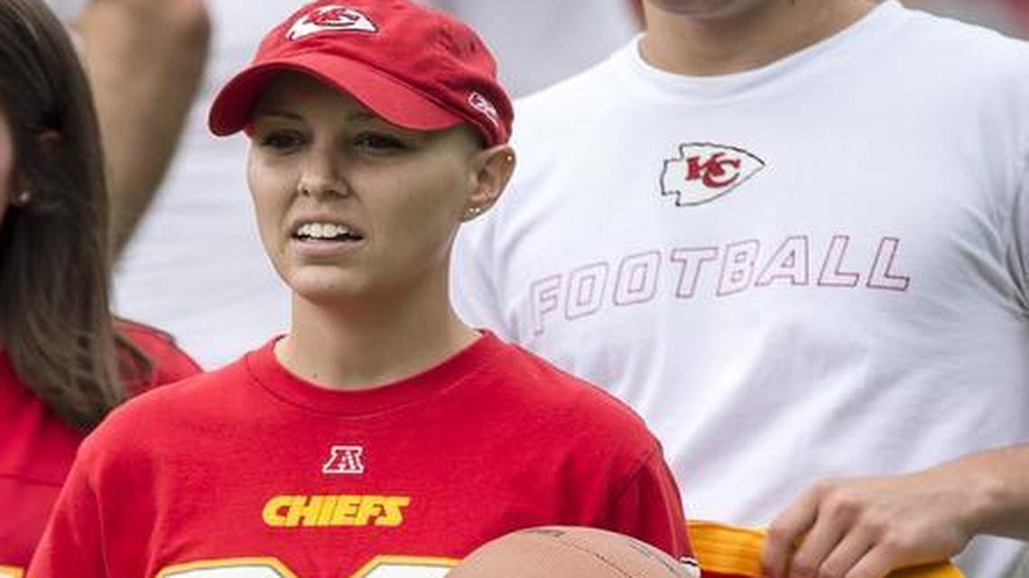 
Alyssa Crabtree, 24, of Platte City, brought a sign to Chiefs training camp Wednesday and then got to meet safety Eric Berry following the team’s practice at Missouri Western State University in St. Joseph, Mo.
