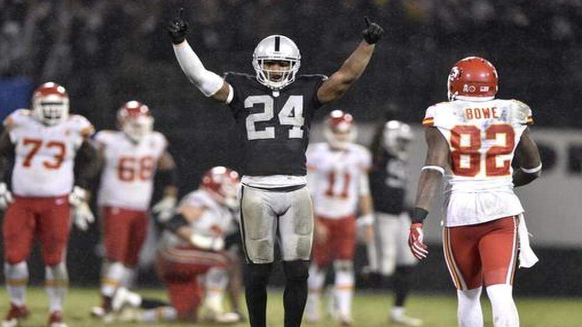 
Raiders free safety Charles Woodson celebrated Thursday night’s win over the Chiefs.
