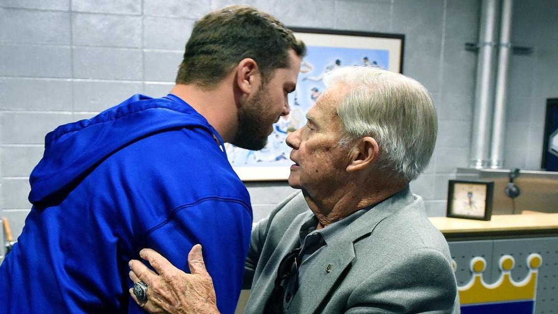
The Royals' Mike Moustakas receives a congratulatory hug from Art Stewart, senior adviser to the general manager, after Moustakas was voted in as the seventh Royals player to the 2015 All-Star game before Friday's baseball game at Kauffman Stadium.

