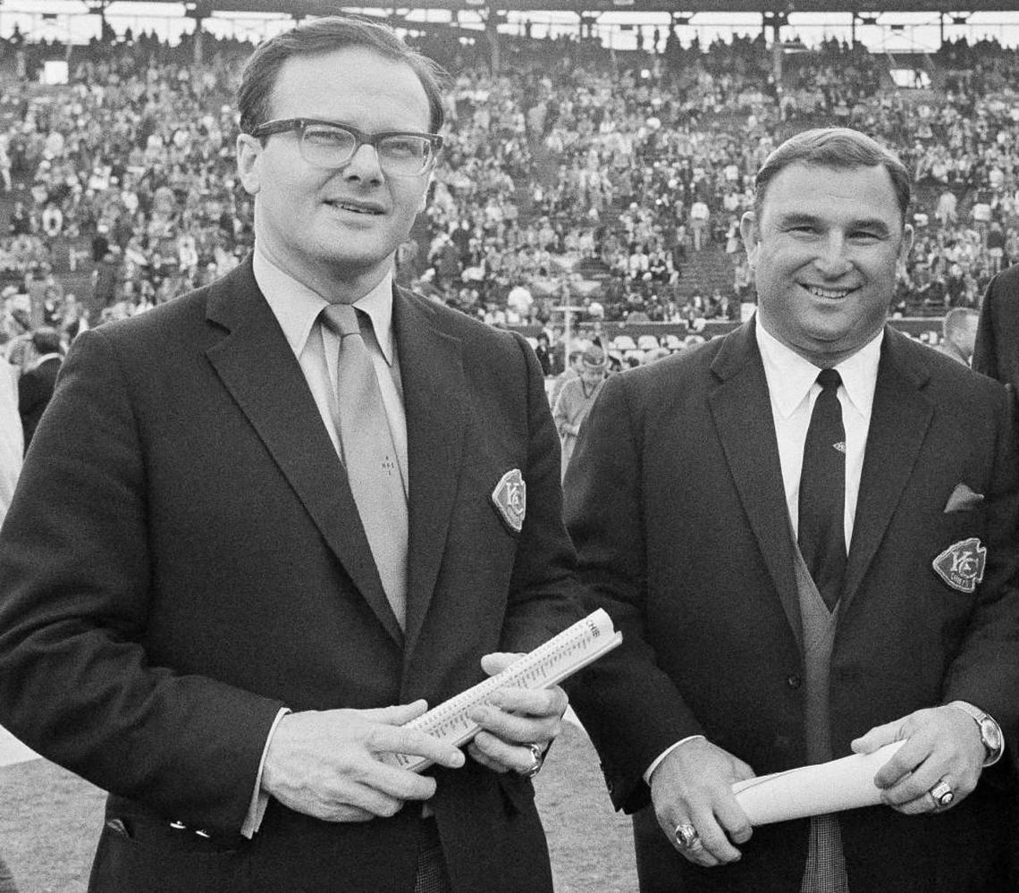 Chiefs founder Lamar Hunt, left, and Super Bowl-winning head coach Hank Stram were a formidable duo across pro football 50 years ago.