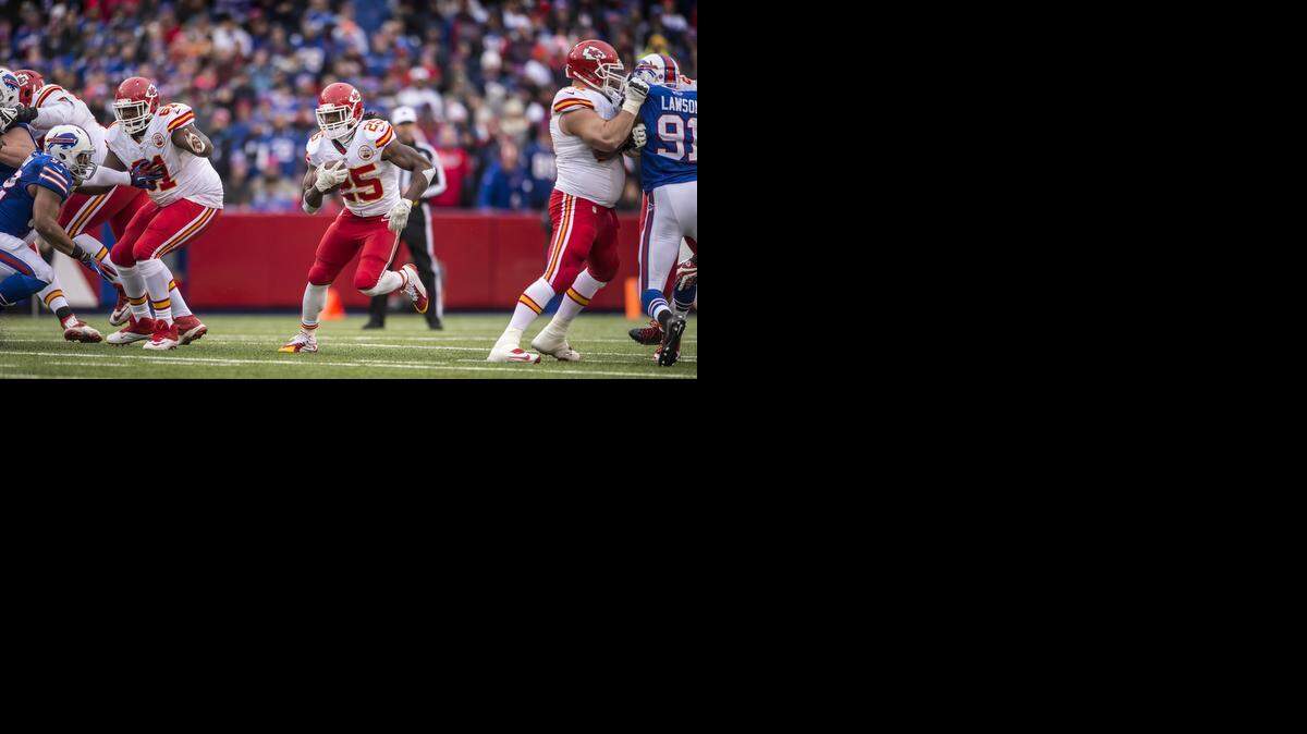 
Kansas City Chiefs running back Jamaal Charles (25) ran through a huge hole for a 17-yard gain in the second quarter against the Buffalo Bills during NFL action on November 9, 2014 at Ralph Wilson Stadium in Orchard Park, NY. The Chiefs won 17-13.
