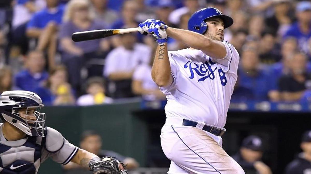 Kansas City Royals third baseman Mike Moustakas followed through on a three-run home run in the fifth inning of Thursday’s game against the New York Yankees at Kauffman Stadium.