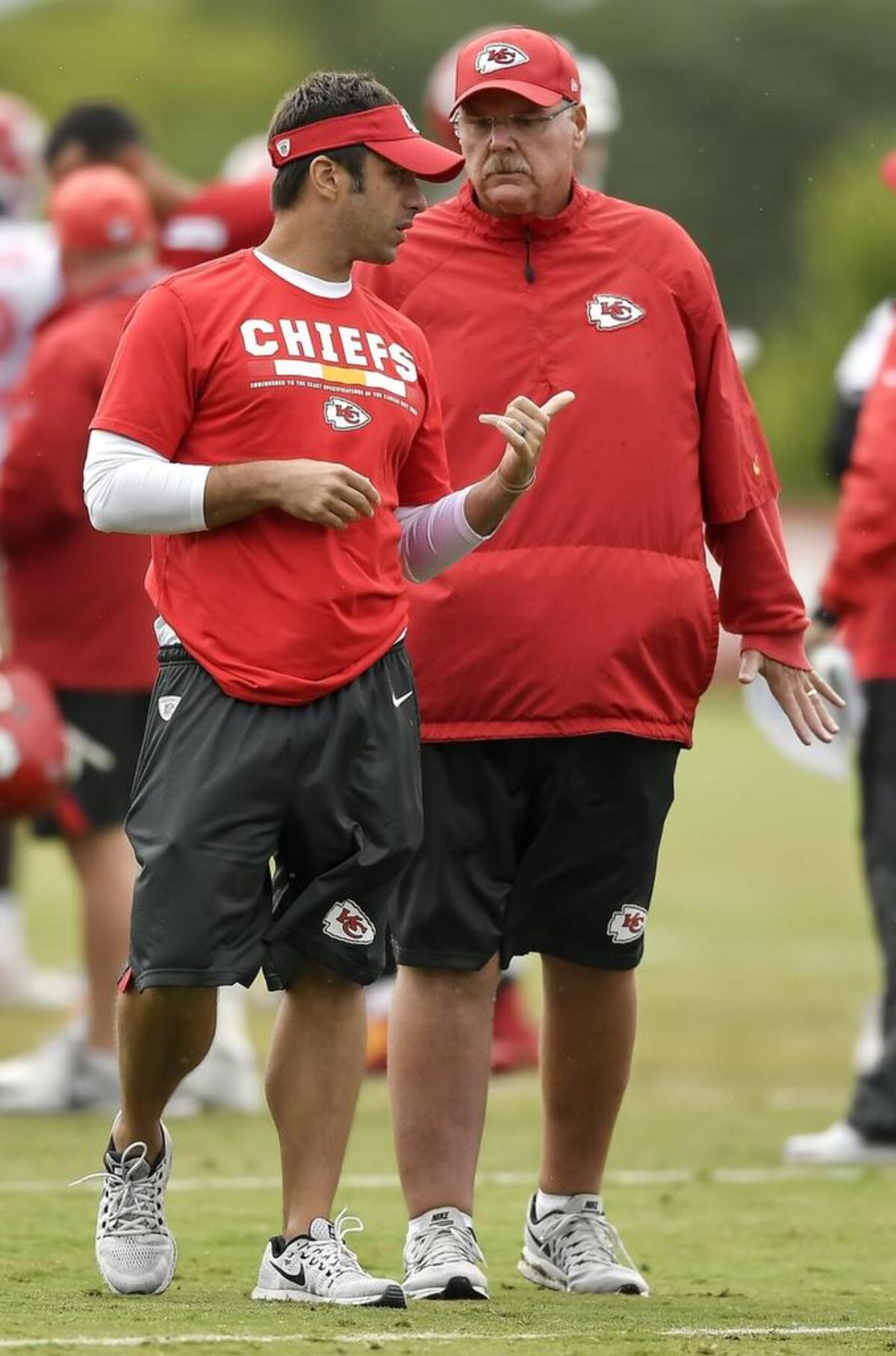 Kansas City Chiefs general manager Brett Veach, left, and coach Andy Reid have delivered back-to-back Super Bowl appearances with an offense led by Patrick Mahomes.