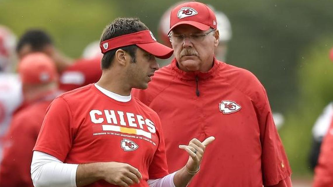 Chiefs general manager Brett Veach, left, and coach Andy Reid have delivered back-to-back Super Bowl appearance with an offense led by Patrick Mahomes.