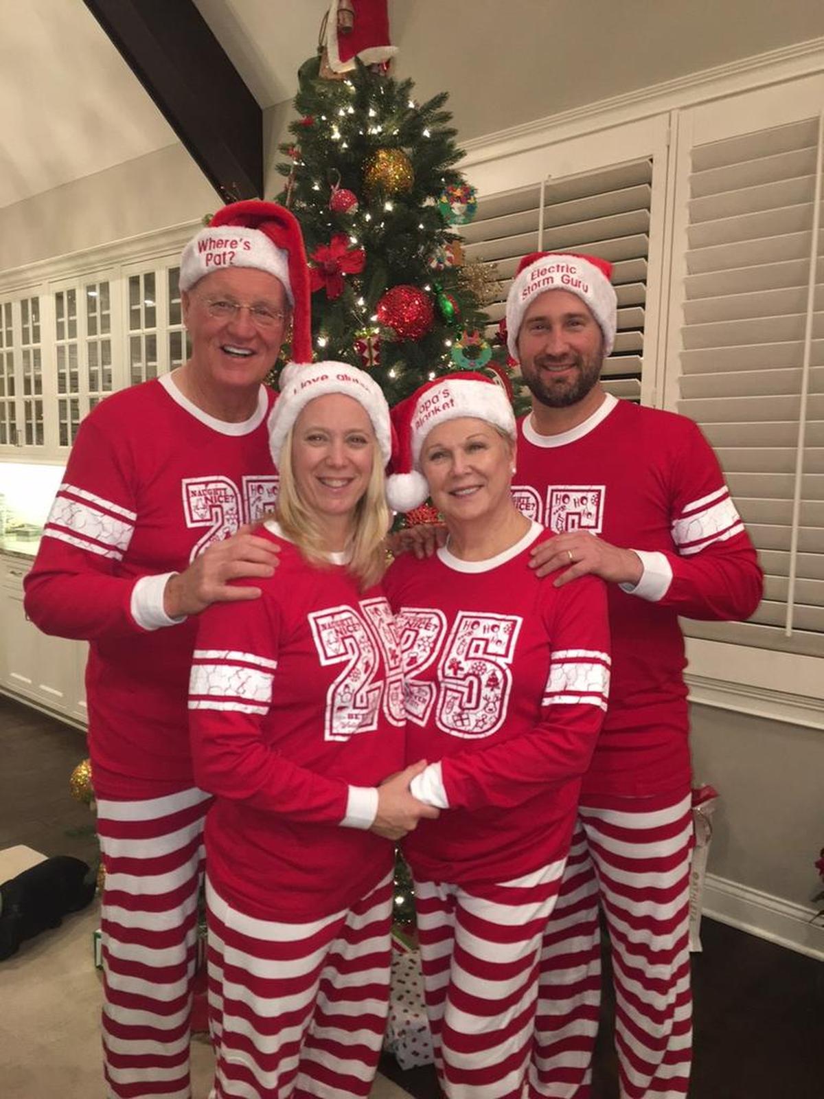 For Christmas one year, Brian Schottenheimer’s wife bought the family matching pajamas with personalized hats. From left are former Chiefs coach Marty Schottenheimer (who passed in 2021), Brian’s wife Gemmi, Marty’s wife Pat and their son, Brian.