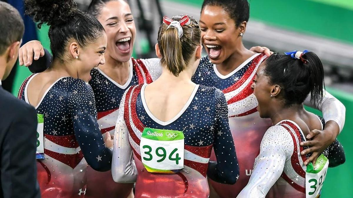 The victorious U.S. women’s gymnasts are (from left) Lauren Hernandez, Alexandra Raisman, Madison Kocian, Gabrielle Douglas and Simone Biles. The reasons to celebrate their Olympic triumph in Rio are many.