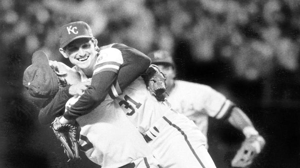 
Pitcher Bret Saberhagen’s leap into the arms of George Brett is an iconic image from the 1985 World Series.
