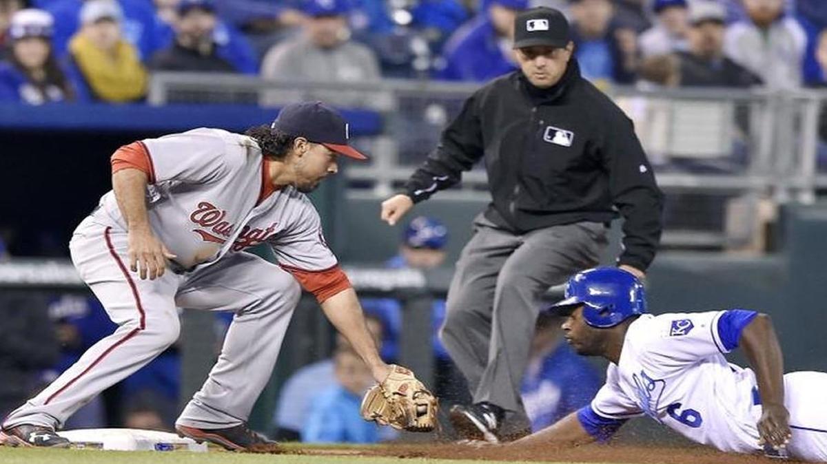 Nationals third baseman Anthony Rendon tagged out the Royals’ Lorenzo Cain trying to steal third for the final out of the third inning.