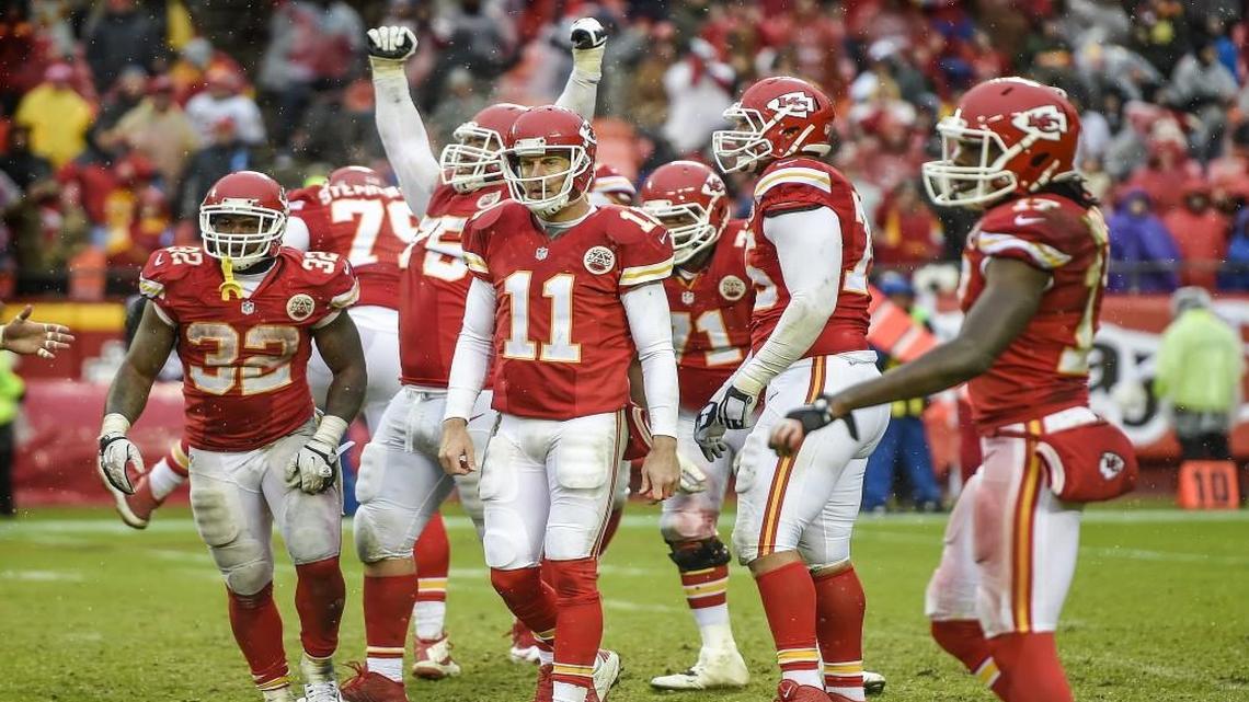 The Kansas City Chiefs offense celebrated after running out the clock in the fourth quarter during the 30-22 win over the Buffalo Bills on Nov. 29.