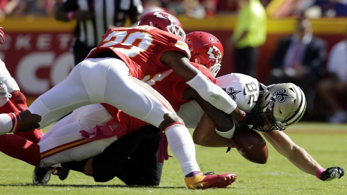 Although sometimes overshadowed by others on the defense, defensive back Ron Parker (center) always seems to be doing what the Chiefs need him to, particularly when it comes to causing fumbles.