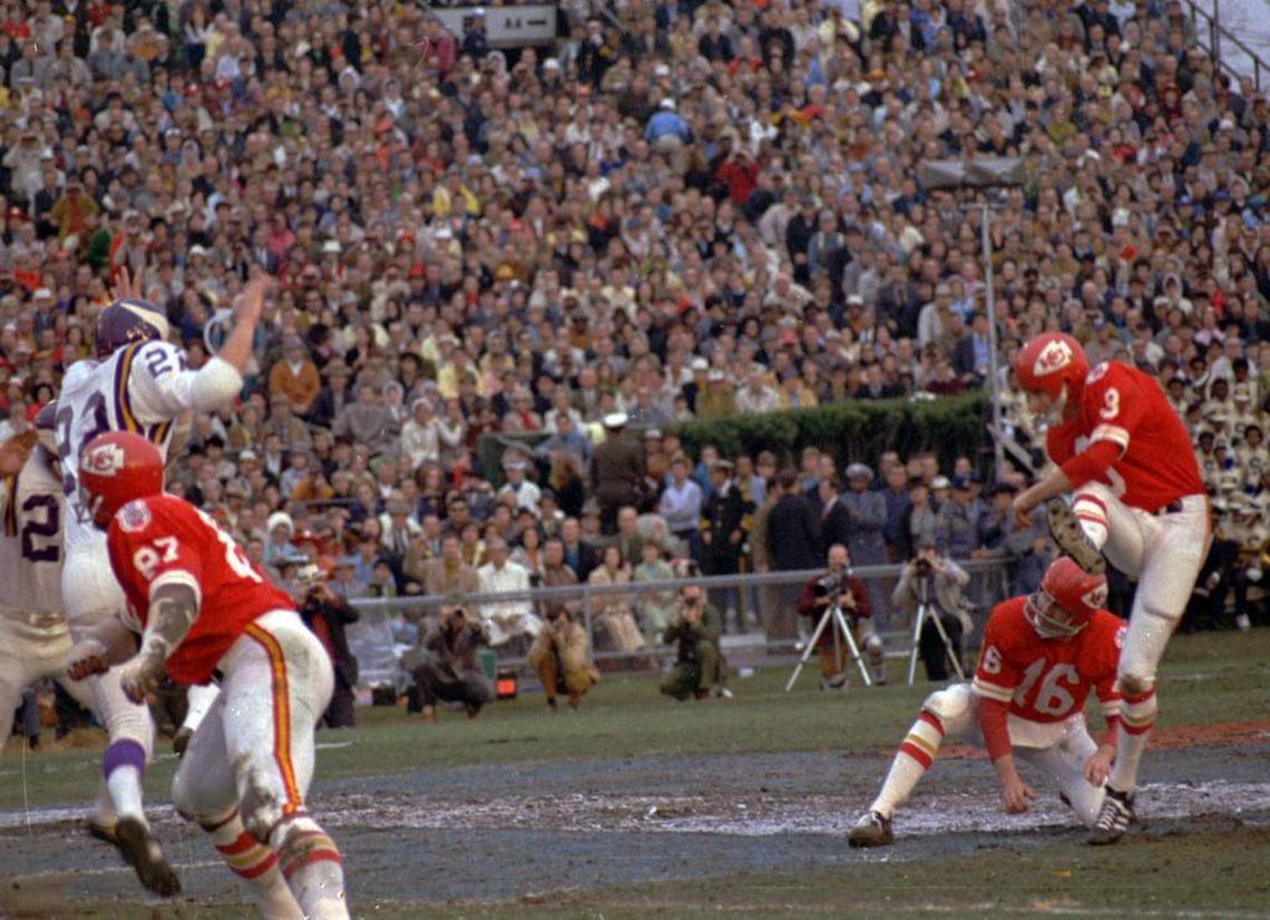 Chiefs kicker Jan Stenerud made three field goals in a 23-7 win over the Vikings in Super Bowl IV on Jan. 11, 1970.