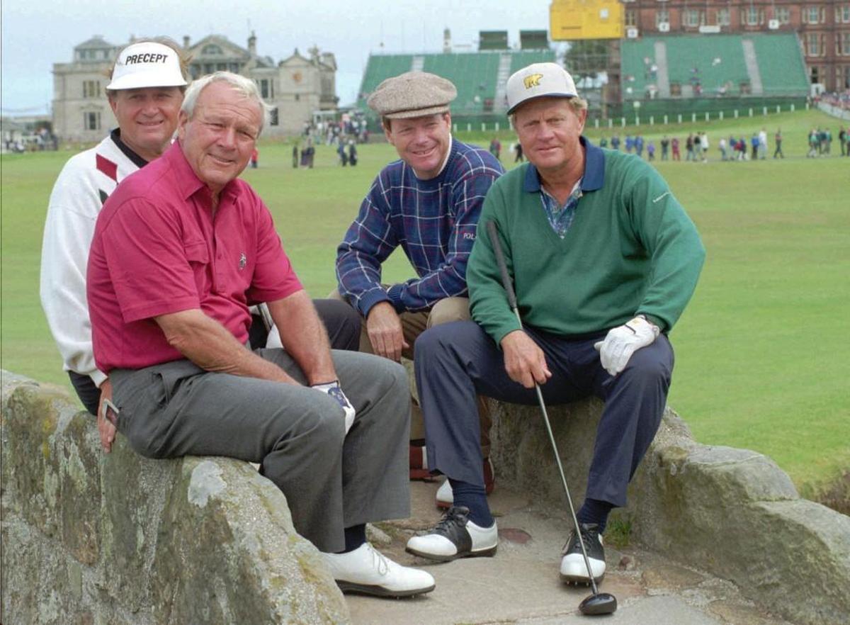 The foursome of Ray Floyd, left, Arnold Palmer, Tom Watson, and Jack Nicklaus posed for a photo on the Swilken Bridge following practice on Old Course at St. Andrews on July 18, 1995, ahead of Palmer’s last British Open.