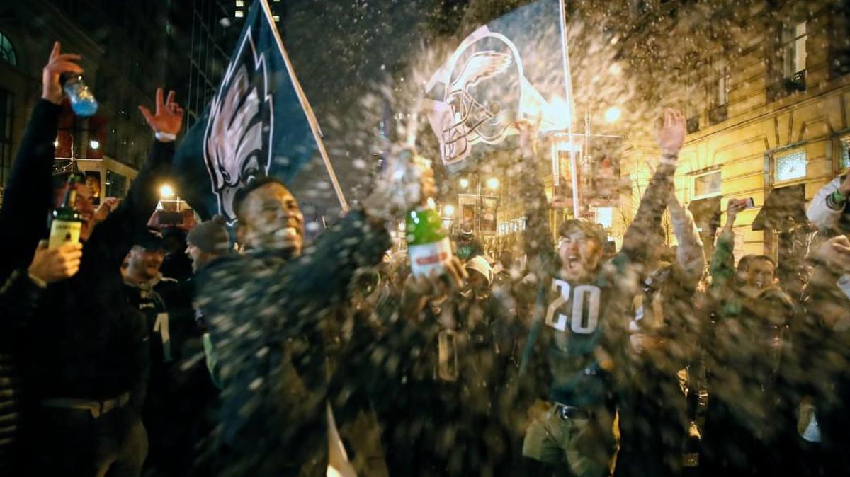 Eagles fans celebrated their team’s Super Bowl victory long into the night in downtown Philadelphia.