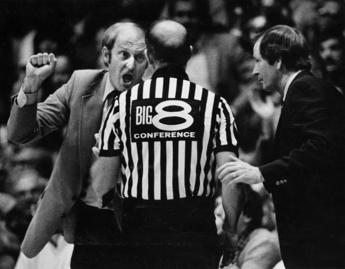 Missouri Tigers men’s basketball coaching legend Norm Stewart, left, was never shy about getting his point across to officials. At right in this particular instance is Kansas Jayhawks coach Ted Owens.