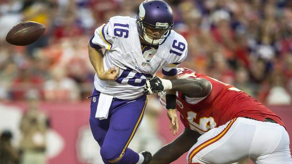 
Kansas City Chiefs defensive tackle Jaye Howard (96) stripped the football out of the hands of Minnesota Vikings quarterback Matt Cassel (16) for a first quarter safety during Saturday’s preseason game at Arrowhead Stadium.
