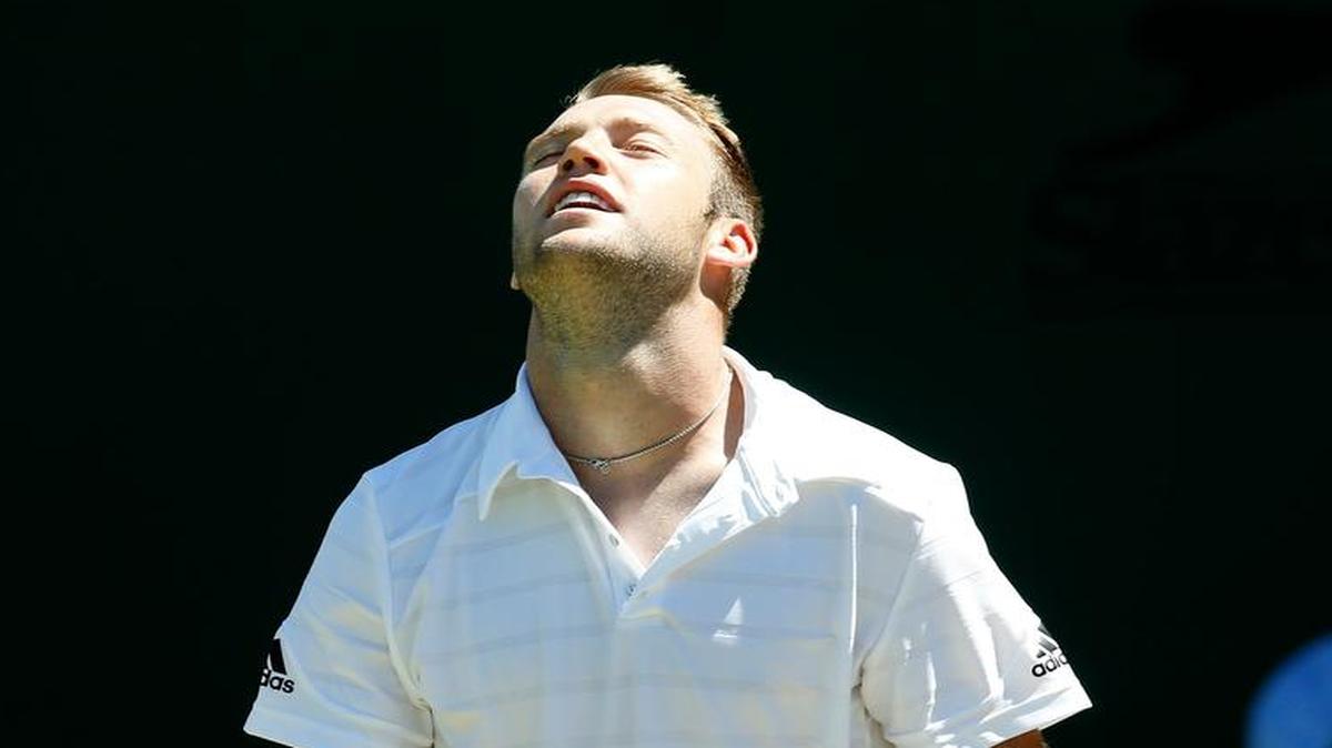 
Jack Sock of the United States looked up after a point during the men’s singles first round match against Sam Groth of Australia on Tuesday at the All England Lawn Tennis Championships in Wimbledon.
