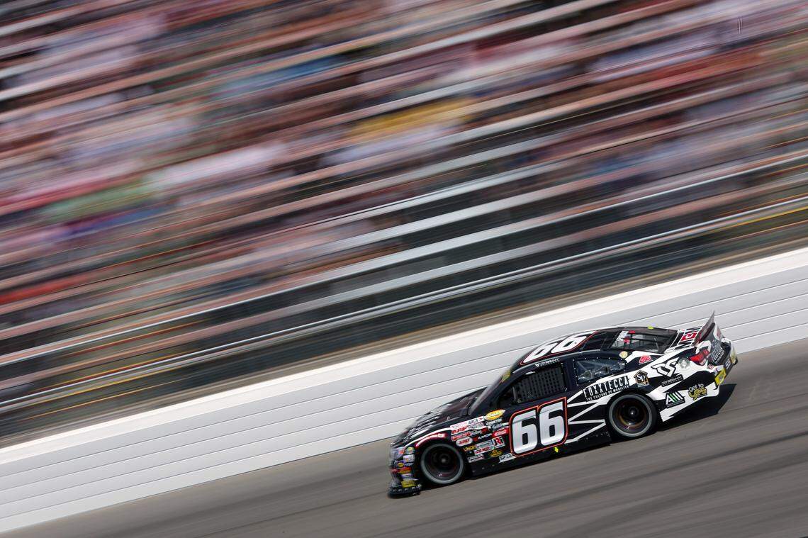 Dystany Spurlock races during the Rockingham ARCA Menards Series East 125 at Rockingham Speedway on April 4, 2026 in Rockingham, North Carolina.
