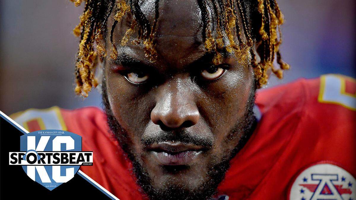 Kansas City Chiefs defensive end Frank Clark put on his extra intense game face for the second half of the Chiefs 51-31 playoff win over the Houston Texans, Sunday, January 12, 2020, at Arrowhead Stadium in Kansas City, Missouri.