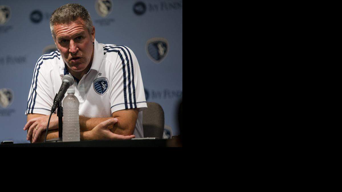 
Sporting Kansas City head coach Peter Vermes speaks to the media regarding Matt Besler and Graham Zusi signing long-term deals with the club on  July 19, 2014, at Sporting Park in Kansas City, Kan.

